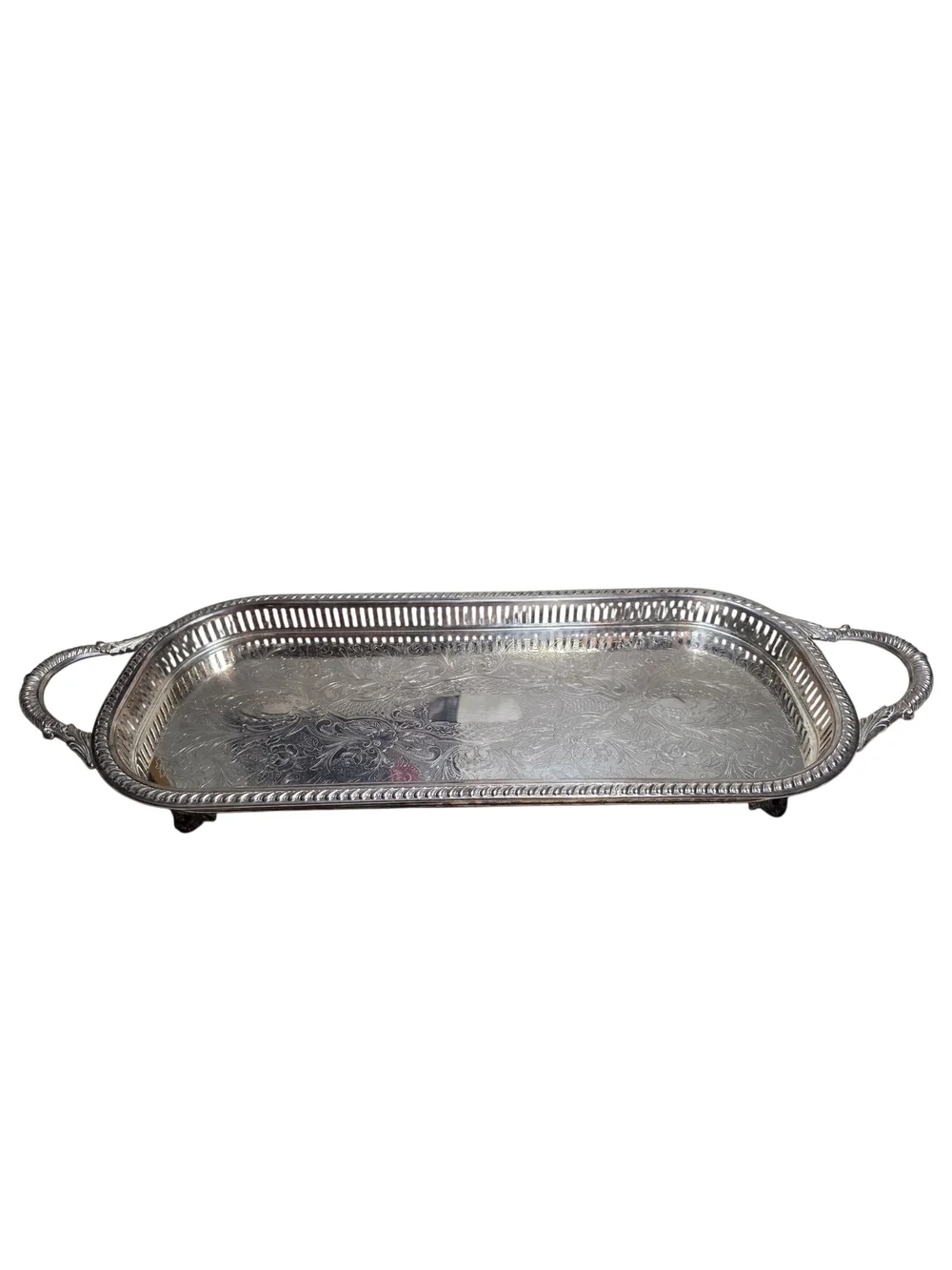 English Silver Silverplate Decorative Serving Tray with Handles